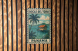 A vintage-style poster of Bocas del Toro, a tropical island in Panama, featuring a palm tree and a house on a wooden dock.