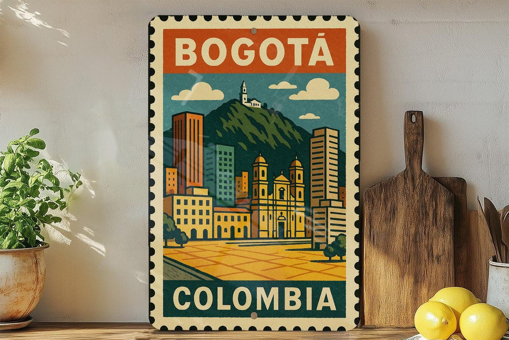 A vintage-style poster of Bogotá, Colombia, featuring a colorful illustration of the cityscape with buildings, a church, and a mountain in the background.