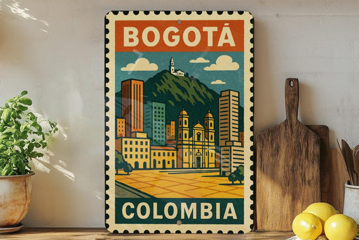 A vintage-style poster of Bogotá, Colombia, featuring a colorful illustration of the cityscape with buildings, a church, and a mountain in the background.