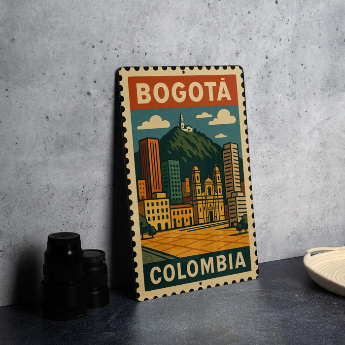 A vintage-style metal sign with a colorful illustration of Bogota, Colombia, featuring a mountain, buildings, and a church.