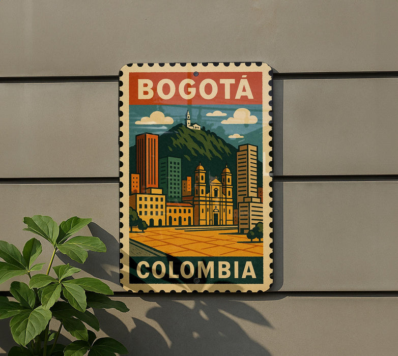 A vintage-style metal sign with a colorful illustration of Bogotá, Colombia, mounted on a wall.