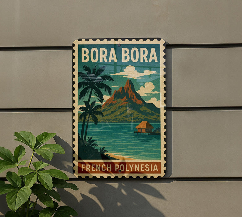 A vintage-style metal sign with a tropical island landscape and palm trees, mounted on a wall.