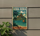 A vintage-style metal sign with a tropical island landscape and palm trees, mounted on a wall.