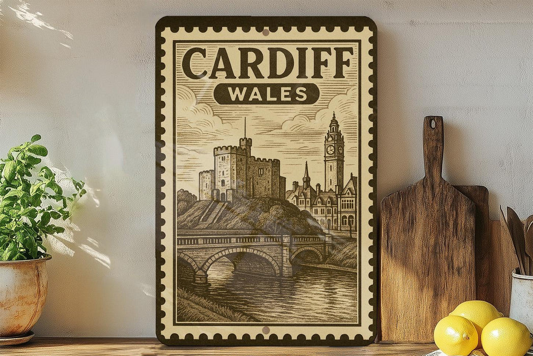 a framed vintage-style illustration of Cardiff, Wales, with a castle and a bridge in the background. The text "CARDIFF WALES" is prominently displayed on the frame.