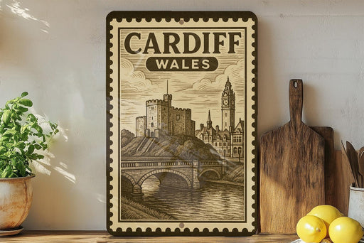 a framed vintage-style illustration of Cardiff, Wales, with a castle and a bridge in the background. The text "CARDIFF WALES" is prominently displayed on the frame.