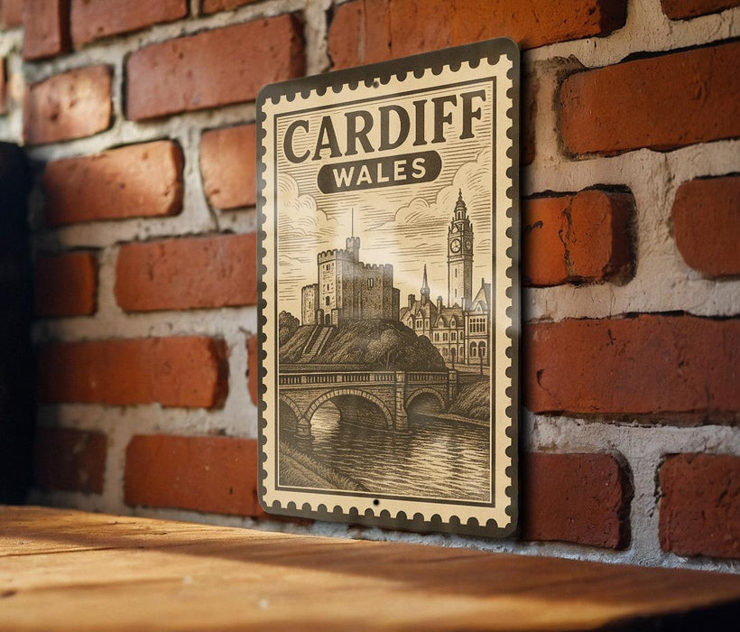 A vintage-style metal sign with the text "CARDIFF WALES" and an illustration of a castle and bridge, mounted on a brick wall.