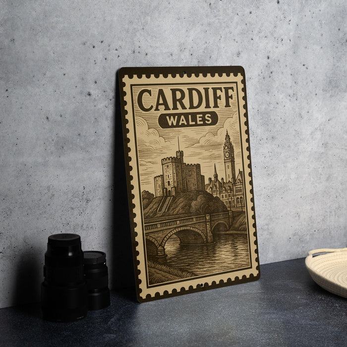 A metal sign with the text "CARDIFF WALES" and an illustration of a castle and bridge, placed on a table next to some black camera lenses.
