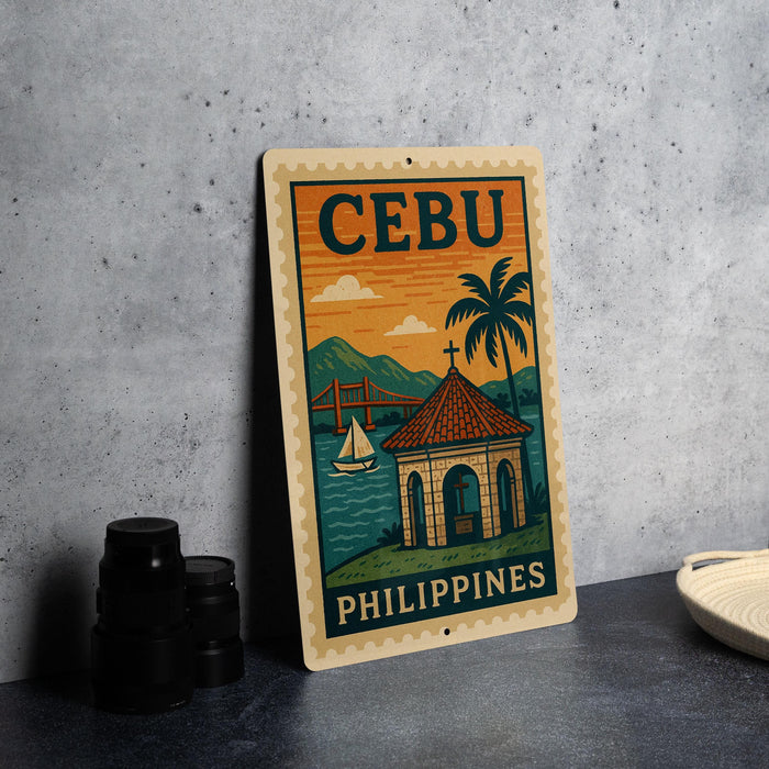 a vintage-style poster of Cebu, the capital city of the Philippines, with a tropical beach scene and a temple.