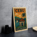 a vintage-style poster of Cebu, the capital city of the Philippines, with a tropical beach scene and a temple.