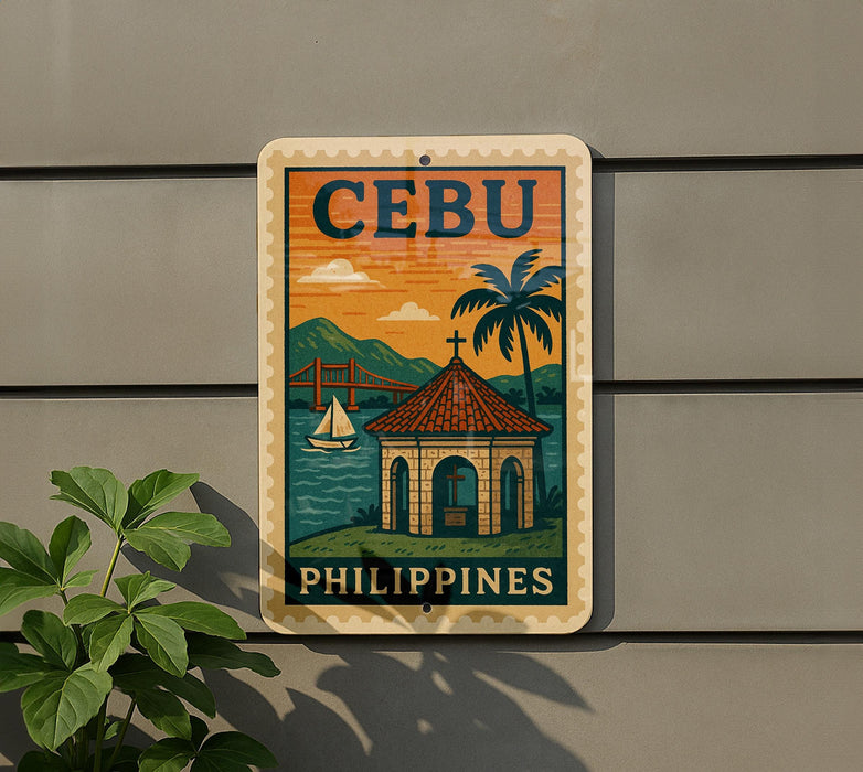 a sign that reads "Cebu Philippines" with a tropical scene depicting a building, palm trees, and a bridge.
