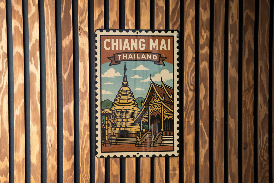 A vintage-style poster of the Chiang Mai temple in Thailand, featuring a colorful illustration of the temple and surrounding landscape.