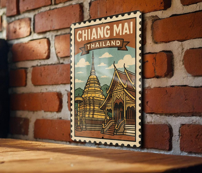 A vintage-style poster of the Chiang Mai temple in Thailand, featuring a golden temple with a spire and a wooden structure, is displayed on a brick wall.