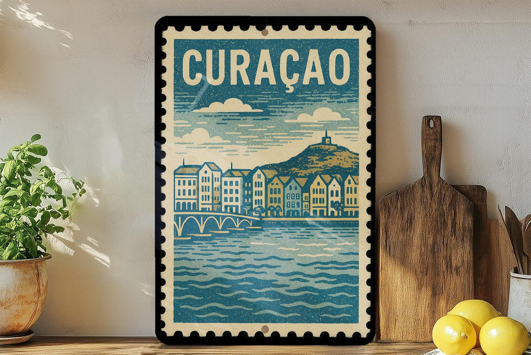 a framed illustration of a cityscape with a river, surrounded by buildings and a bridge.