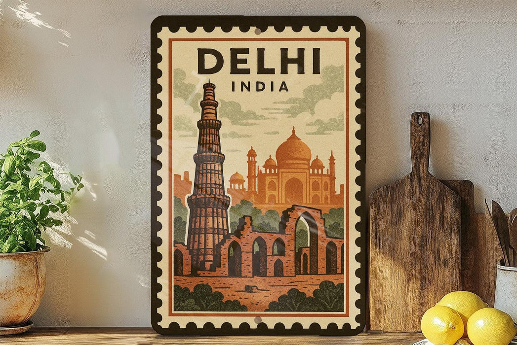 A framed poster of the Qutub Minar, a famous monument in Delhi, India, is displayed on a wall next to a wooden cutting board and some potted plants.