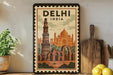 A framed poster of the Qutub Minar, a famous monument in Delhi, India, is displayed on a wall next to a wooden cutting board and some potted plants.