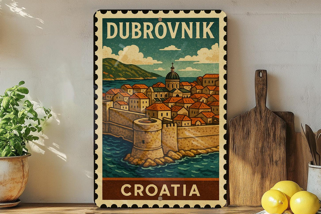 A vintage postage stamp depicting Dubrovnik, Croatia, with a cityscape and a castle, is displayed on a shelf next to a wooden cutting board and a potted plant.
