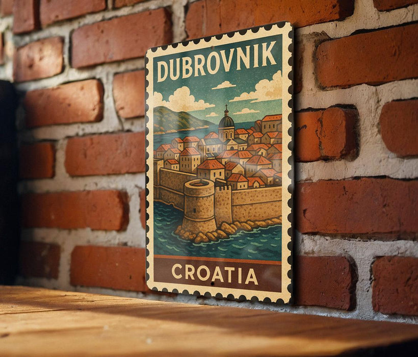 A vintage postage stamp depicting Dubrovnik, Croatia, with a castle and cityscape in the background.