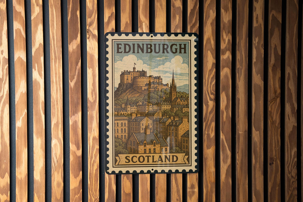 A vintage-style metal stamp depicting the Edinburgh Castle in Scotland, with the text "EDINBURGH SCOTLAND" prominently displayed.