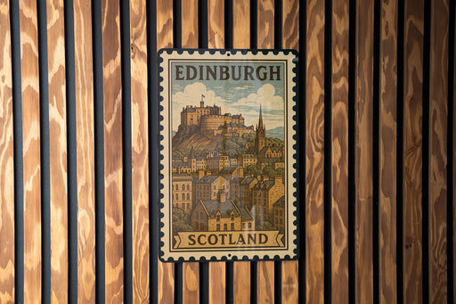 A vintage-style metal stamp depicting the Edinburgh Castle in Scotland, with the text "EDINBURGH SCOTLAND" prominently displayed.