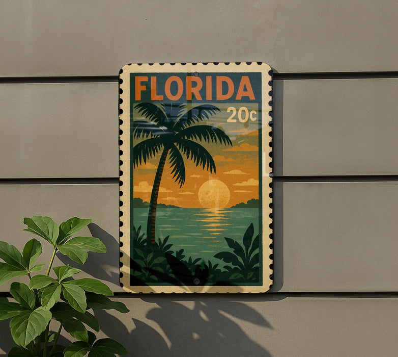 A vintage-style postage stamp depicting a tropical beach scene with palm trees, a sunset, and a body of water.