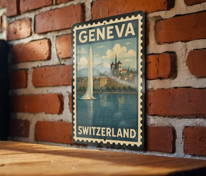A vintage-style poster of the Geneva Fountain, a landmark in Switzerland, is displayed on a brick wall.