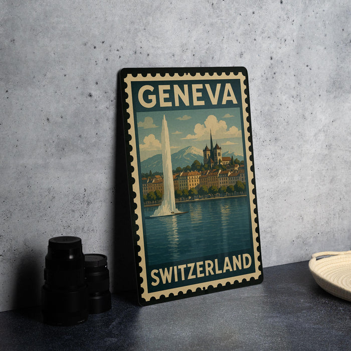 A vintage-style metal sign with the text "GENEVA SWITZERLAND" and an illustration of a cityscape with a tall tower, likely representing the city of Geneva, Switzerland.