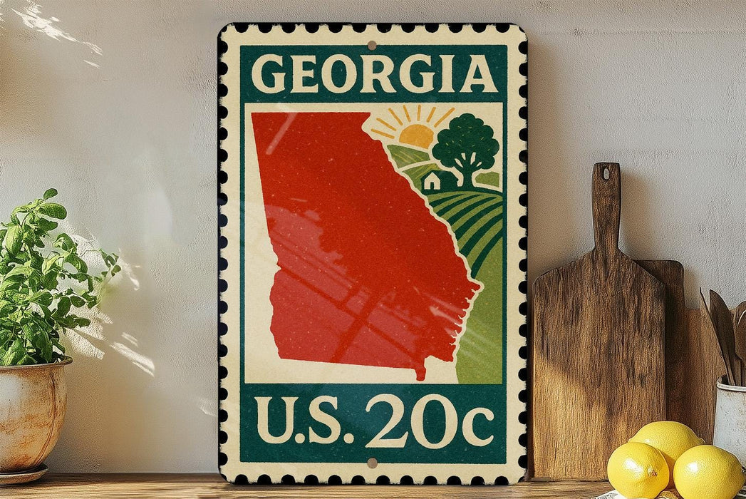 A vintage-style metal stamp with a red state of Georgia on it, placed on a wooden surface next to a wooden cutting board and some lemons.