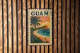 A vintage postage stamp depicting a tropical beach scene with palm trees, a sunset, and a couple walking along the shoreline.