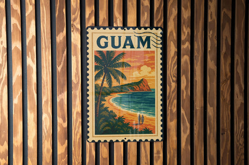 A vintage postage stamp depicting a tropical beach scene with palm trees, a sunset, and a couple walking along the shoreline.