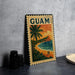 A vintage-style metal stamp depicting a tropical beach scene with palm trees, a sunset, and a couple walking along the shore.