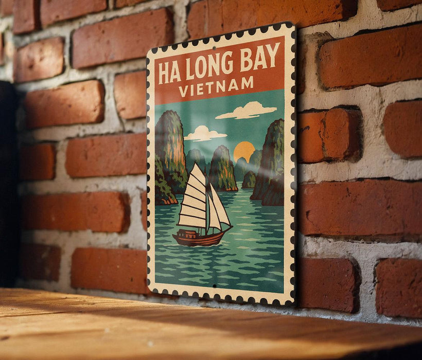A vintage-style poster of Ha Long Bay in Vietnam, featuring a sailboat on the water and mountains in the background.