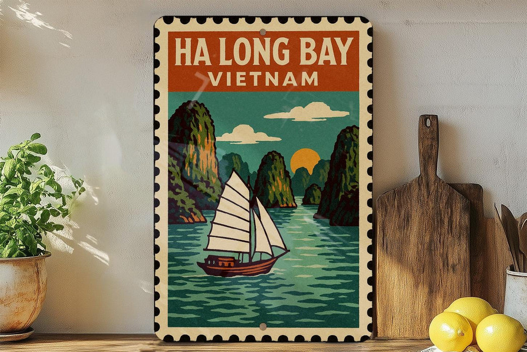 A vintage-style poster of Ha Long Bay in Vietnam, featuring a sailboat on the water and lush green mountains in the background.