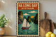 A vintage-style poster of Ha Long Bay in Vietnam, featuring a sailboat on the water and lush green mountains in the background.