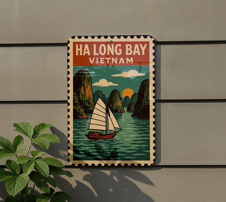 A vintage-style poster of Ha Long Bay in Vietnam, featuring a sailboat on the water and lush green mountains in the background.