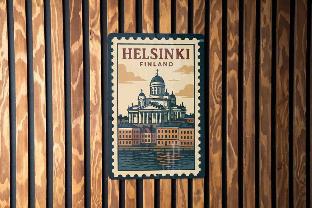 A vintage-style postage stamp depicting the Helsinki Cathedral in Finland, with the text "HELSINKI FINLAND" prominently displayed.