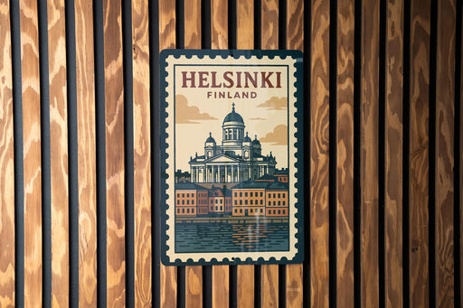 A vintage-style postage stamp depicting the Helsinki Cathedral in Finland, with the text "HELSINKI FINLAND" prominently displayed.
