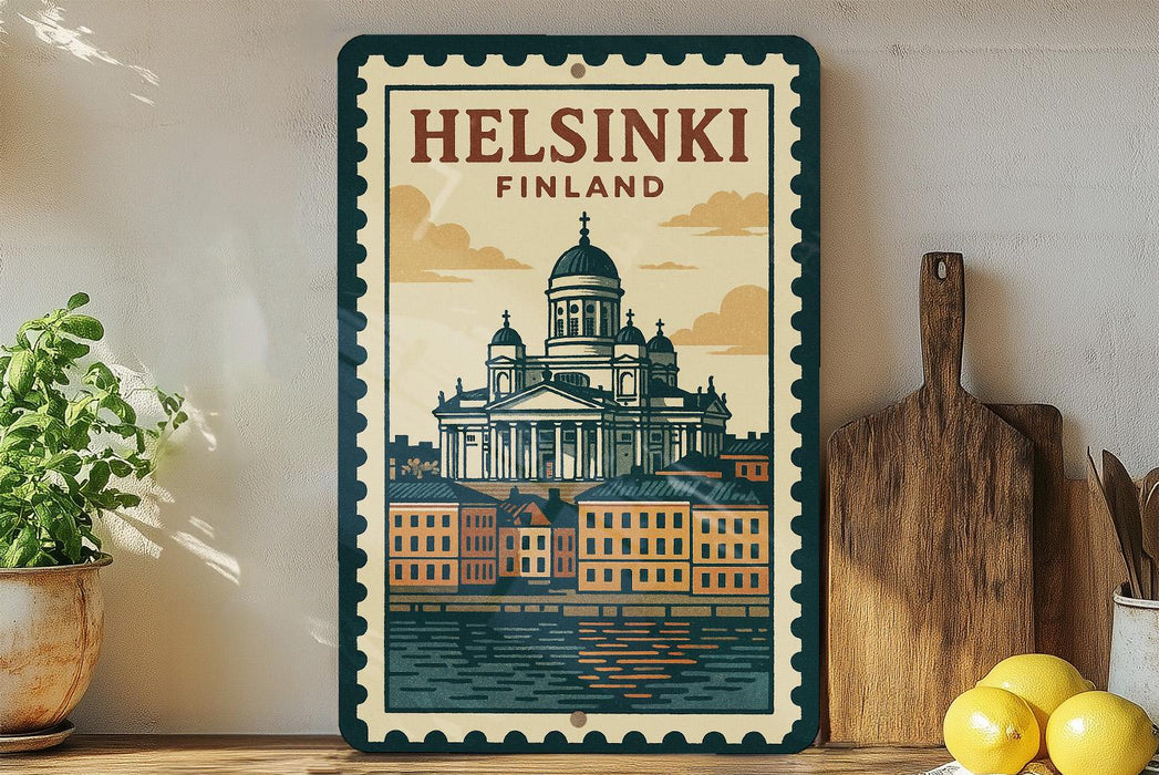 A framed poster of Helsinki, Finland, featuring a stylized illustration of the city's architecture and waterfront.