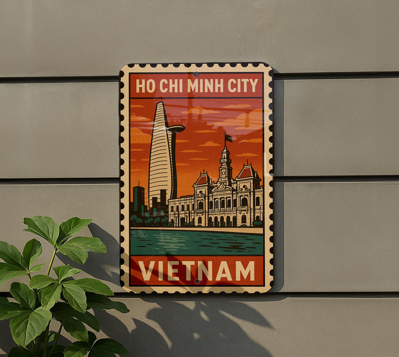 A vintage-style sign depicting Ho Chi Minh City, Vietnam, with a tall skyscraper and a building with a clock tower in the background.