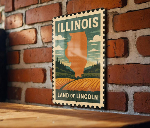 A vintage-style poster of Illinois, featuring a stylized illustration of the state's landscape and the text "LAND OF LINCOLN" on a brick wall.