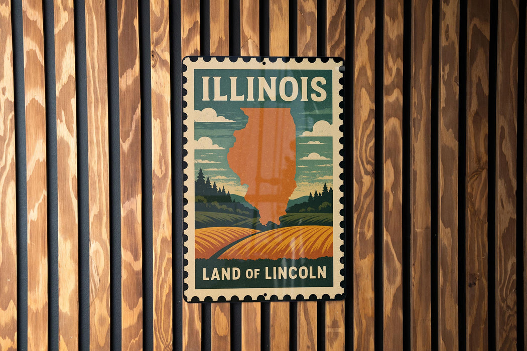 A vintage-style postage stamp depicting the state of Illinois, with a landscape of fields and forests in the background.