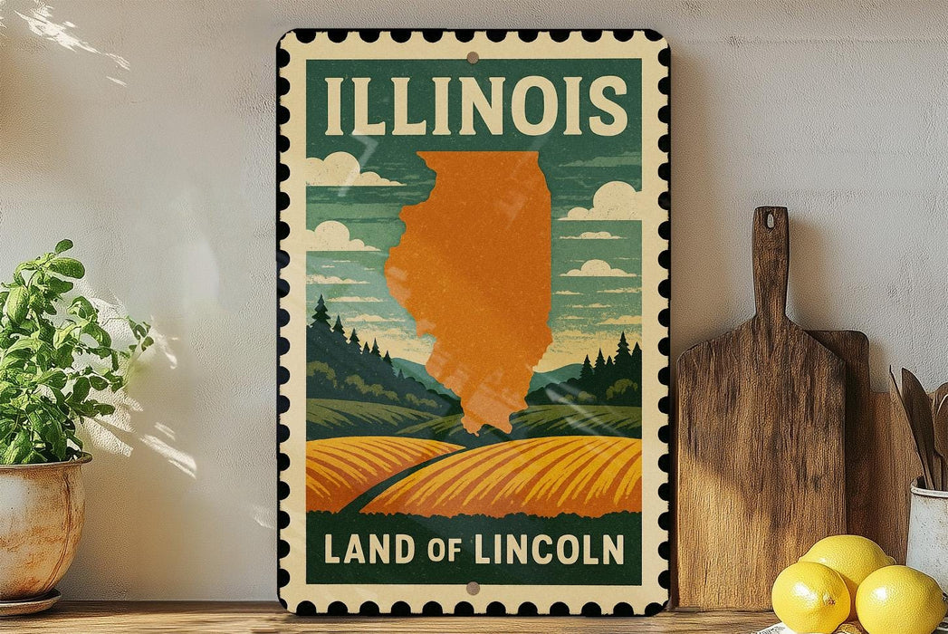 A vintage-style metal sign depicting the state of Illinois, with a landscape of fields and mountains in the background.