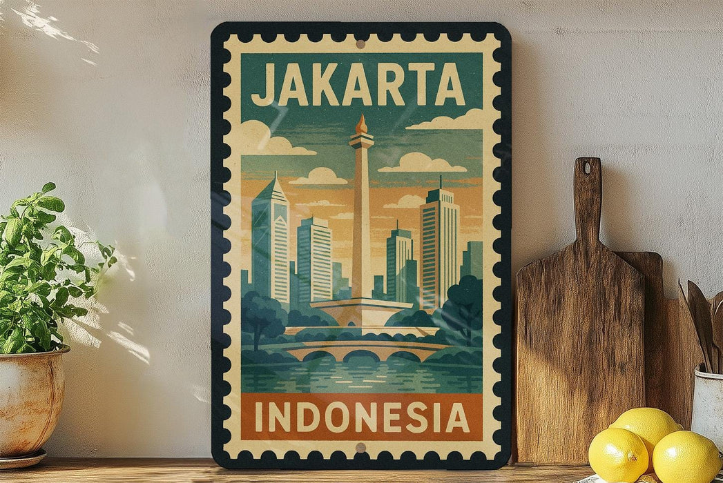 A vintage-style poster of Jakarta, Indonesia, featuring a cityscape with a tall tower, surrounded by a bridge and water, is displayed on a wall next to a wooden cutting board and a potted plant.