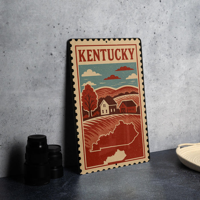 A vintage-style metal sign with a stamp-like border, depicting a rural landscape with a house and trees, is displayed on a gray countertop next to some black camera lenses.