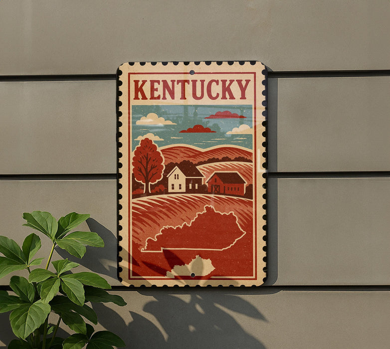 A vintage-style sign depicting a rural landscape with a house and trees, mounted on a wall next to a plant.