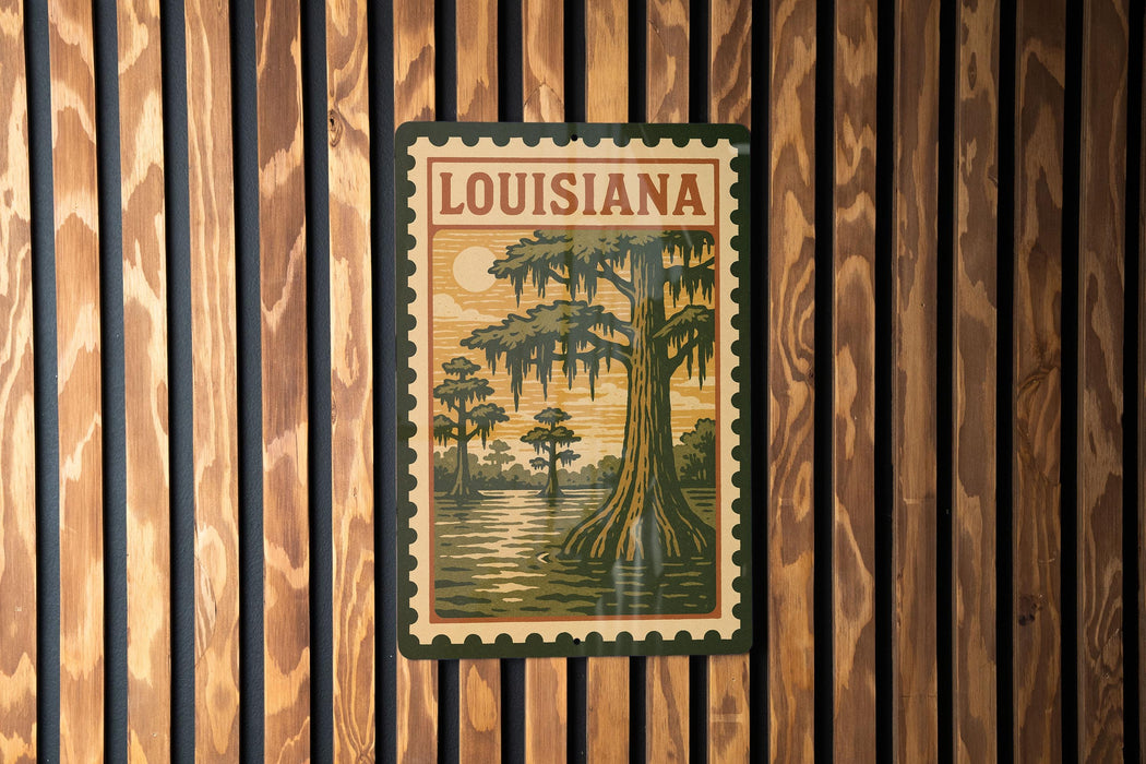 A vintage-style postage stamp depicting a scene from Louisiana, featuring a tree with hanging roots and a body of water.