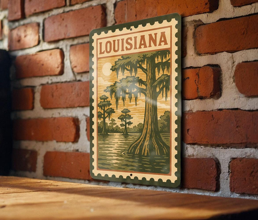 A vintage-style metal sign with the word "LOUISIANA" printed on it, depicting a scene of a tree with hanging roots and a body of water.