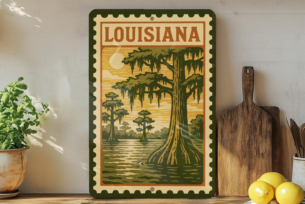 A framed illustration of a Louisiana bayou scene, featuring a large cypress tree with hanging roots, surrounded by other trees and a body of water.