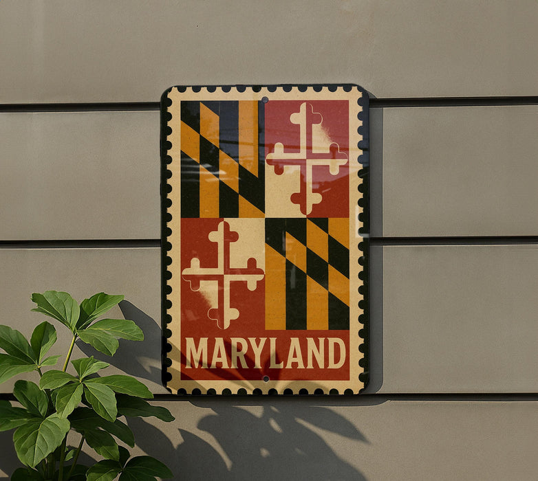 A sign displaying the state of Maryland, featuring the state's flag design.