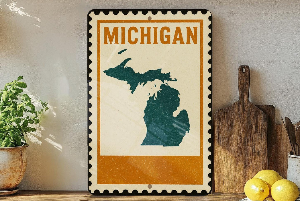 A framed poster of the state of Michigan, featuring a map of the state, is displayed on a shelf next to a wooden cutting board and some lemons.