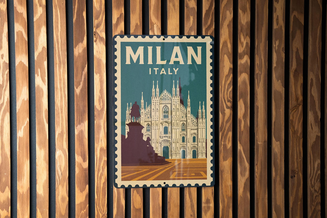 A vintage-style poster of the Milan Cathedral, a famous landmark in Italy, is displayed on a wooden wall.